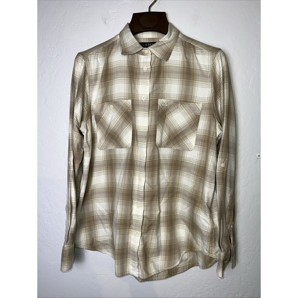 Lauren Ralph Lauren Women's Plaid Cuffed Button Up Large. White-Multi ✅
